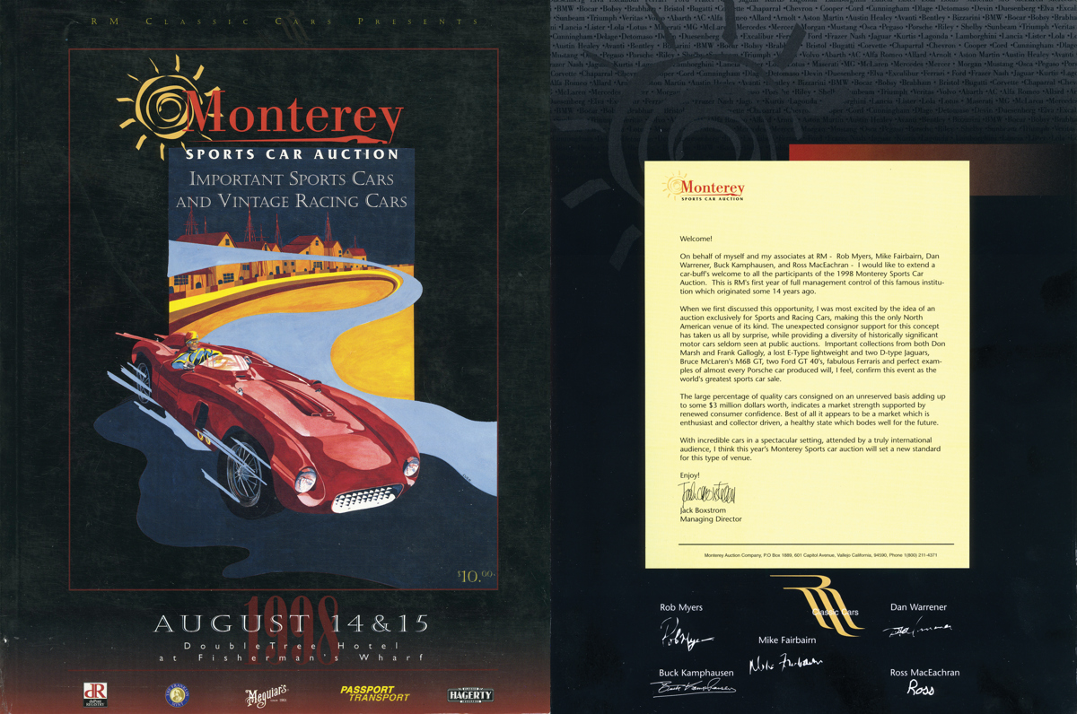Catalogue cover from the 1998 Monterey Sports Car Auction and welcome letter written by Jack Boxstrom